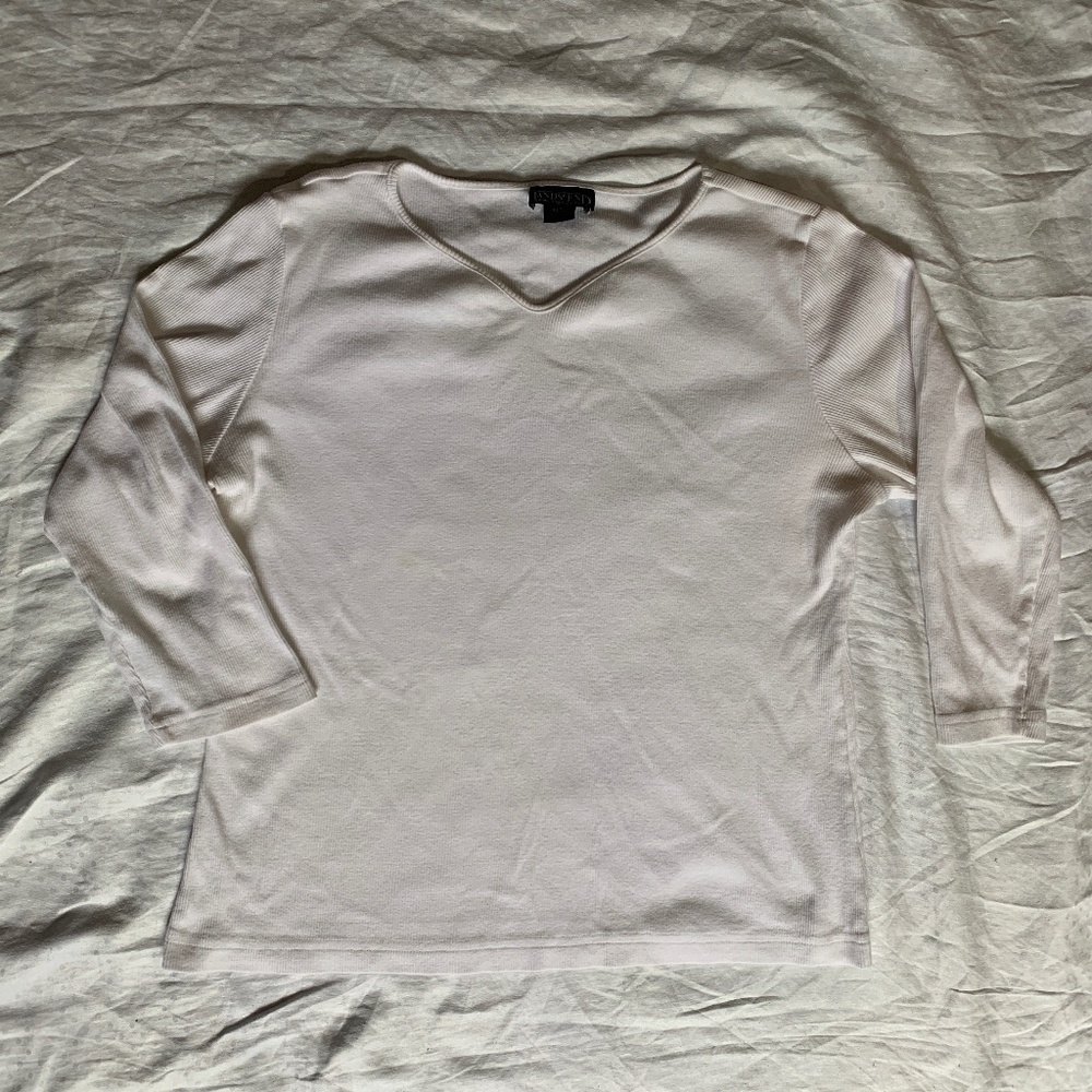 Land's End white top, size L, 100%, round neckline with V, 3/4 length sleeve